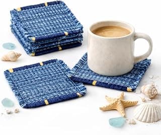 Boho Woven Coasters for Coffee Table Decor - Set of 6, Absorbent Blue Coasters Modern Minimalist Home Decor, Housewarming Gift, 4.0 Inch