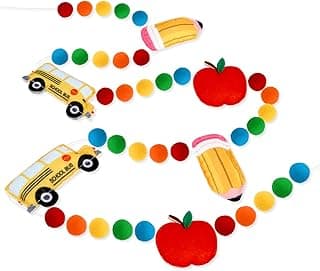 Back to School Decorations Felt Pompom Banner Bus Pre-Assembled | 7.5 Ft Hanging Banner 3D School Bus Felt Ball Welcome Back to School Garland for Classroom, Mantle, Wall, Party Supplies
