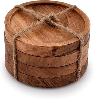 Wooden Coasters for Drinks - Natural Acacia Wood Drink Coaster Set for Drinking Glasses, Tabletop Protection for Any Table Type, Set of 4