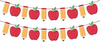 2 Pcs Pencil Apple Banner for Back to School Decorations Sign Garland, First Day of School Classroom Decorations Party Supplies, 1st Teacher Banners for Classroom Home Breakfast Decor