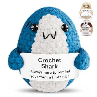 Crochet Shark Plushie with Message Card, Mini Soft Yarn Desk Decor | Cute Shark Stuffed Animal, Small Gift for Coworkers, Friends & Family, Basket Filler & Reminder for Daily Smiles