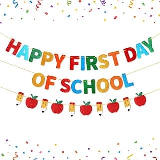 Happy First Day of School Banner, Classroom and Home Decor | Pre-Strung, Glitter Paper, Back to School Decorations