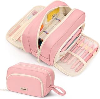 SUNEE Large Pencil Case, Big Capacity Pen Pouch with 3 Compartments, Kawaii Cute Pencil Bag with Zipper, High Storage Stationery Holder and Organizer, School Supplies for Teen and Adult Girls, Pink