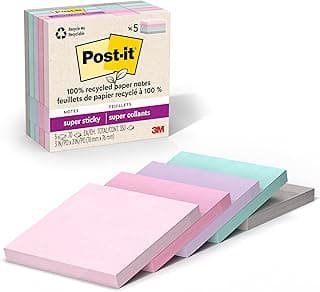 Post-it 100% Recycled Super Sticky Notes, 3 x 3 in, Pastels, 5 Pads | School Supplies and Office Products, 2X the Sticking Power