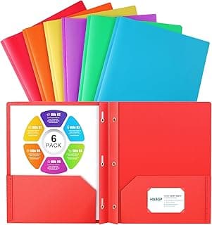 6 Folders with Pockets and Prongs, 2 Pocket 3 Prong Folder, Plastic Folders | 6 Bright Colors, Business Card Holder, Heavy Duty File Folders, for Documents, Business, Office, School Supplies
