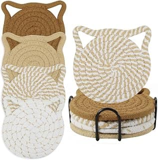 Cotton Woven Drink Coasters Set of 4 for Kinds of Cups | Absorbent Cat Ear Shape Cup Coasters with Holder for Tabletop Protection Home Office Decor