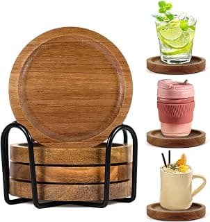 Acacia Wood Coasters Set of 4 with Holder, Wooden Coasters for Drinks | 4 in Diameter Coasters with Foam Feet, Anti-Slip, Heat-Resistant – Elegant Rustic Home Decor & Perfect Housewarming Gift