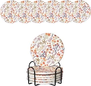 Woven Cotton Drink Coasters with Holder, Purple Floral, 6 Pack | Absorbent purple floral coasters for coffee. Scratch-resistant vintage decor for your tabletop and french country aesthetic.