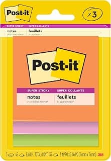 Post-it Super Sticky Notes, 3 x 3 in, Neon Fizz, 3 Pads, 45 Sheets/Pad | School Supplies and Office Supplies, 2X the Sticking Power
