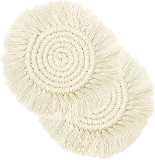 2 Pack Macrame Handmade Cotton Coasters - Elegant and Absorbent 7.4-inch Round Woven Boho Coaster Set with Fringe Tassels for Drinks and Mugs, Spiral Weave(Beige)