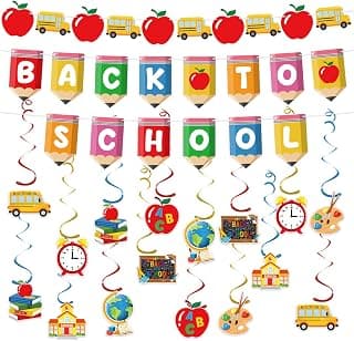24 Pieces Back to School Banner Decorations with 16 Hanging Swirl Cards – Pencil Banner and School Theme Classroom Hanging Decorations for First Day of School Teacher Welcome Party Supplies