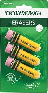 TICONDEROGA ® Erasers, Pencil Shaped, Yellow, 3 ct (38953) | Yellow, 0.75" x 2.875", #38953