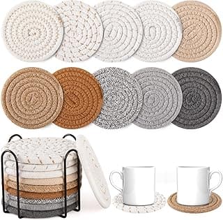 OIAHOMY 10 Pcs Drink Coasters with Holder, Boho Cotton Woven Coaster Set, Absorbent Coaster Protection for Various Cups, Ideal for Coffee Tables Home Decor and Gift, 4.3 Inches,Mixed Yellow