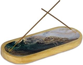 Bless-International Traditional-Handmade-Tray-Burner Wooden-Trat-Incense-Stick-Holder Ash-Catcher-Stand for-Aromatherapy-Meditation-Yoga 11x4x1.22 Inches (Green White Agate)
