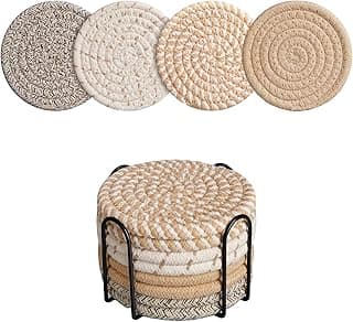 Coasters Set of 8 for Drinks with Holder,4 Colors Absorbent Coasters,Boho Cotton Woven Coaster Set for Living Room Decor,Tabletop Protection Suitable for Drinks,Beer, Coffee