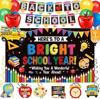 Back to School Decorations, First Day of School Decorations Supplies with Banner, Backdrop, Apple School Bus Pencil Foil Balloons, Hanging Swirls for Classroom, Kindergarten, Teacher Office, School Party Decor