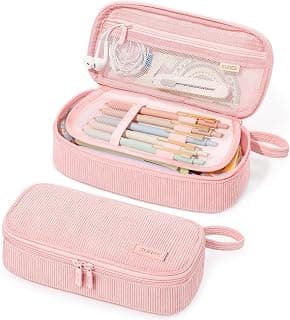 SUNEE Cute Pencil Case, Large Capacity Pencil Pouch Aesthetic Zipper Pencil Bag, Big Storage Pen Organizer for Stationery, Soft Corduroy Pencil Box Back to School Supplies for Teen Girls Boys, Pink