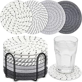 Cotton Rope Absorbent Drink Coasters Set of 8 with Holder (Gray) | Soft Non-Slip Washable Heat Resistant Woven Coaster Set for Coffee Table, Kitchen, Bar, Modern Boho Home Décor