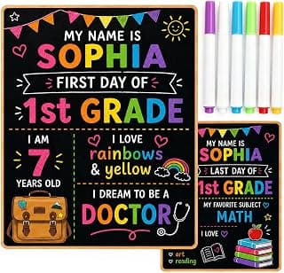 Double-Sided First Day of School and Last Day of School Chalkboard Sign, 12 x 10 inches, Wooden, Reusable, for Kids, Preschool, Kindergarten, 1st Grade (Black, 10 * 12")