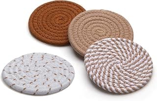 RICHCEE 4 Pcs Coasters for Drinks, 4.3 Inch Fit for All Kinds of Cups, 4 Colors Minimalist Absorbent Cotton Handmade Coaster for Tabletop Protection/Housewarming Gift/Home Decor (Coffee)