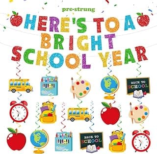 Back To School Decorations, NO-DIY Here's To A Bright School Year Banner | Pre-Strung Banner and Swirls Set, Perfect for First Day of School Classroom Party, Easy Hanging Decorations