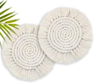 Coomin Boho Coasters for Drinks, Handmade Coasters 7.4in, 2p Beige | Woven Absorbent Coasters for Desk, Cute Coaster for Mugs Cups - Gifts for Women