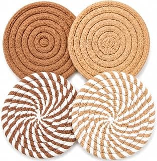 Boho Drink Coasters Set of 4, 4.8 Inch Absorbent Cotton Woven Coasters, Handmade Round Fabric Cup Coasters for Coffee Table, Farmhouse Kitchen, Dining Room, Desk, Neutral Home Decor