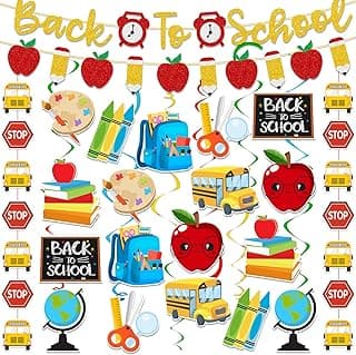 Back to School Decorations, Welcome Back to School Banner for Classroom | 50pcs First Day of School Garland and Hanging Swirls Set, Easy to Hang, Perfect for Home Classroom Office
