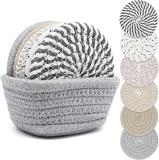 Drink Coasters with Holder, Set of 6 | Thick Woven, For Kinds of Cups, Absorbent, Tabletop Protection, Home Decor for Table