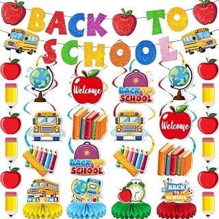 Pre-strung Back to School Decorations,Back to School Banner for Classroom | School Bus Table Centerpieces Apple Pencil Hanging Swirl for Classroom Office Home First Day of School Party Supplies
