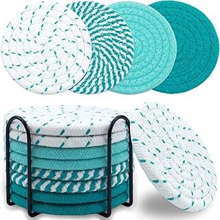 8 Pcs Drink Coasters with Holder, Minimalist Cotton Woven Coaster Set, 4 Colors Absorbent Coaster Protection Protection for Various Cups, Ideal for Coffee Tables and Home Decor Tabletop, 4.3 Inches