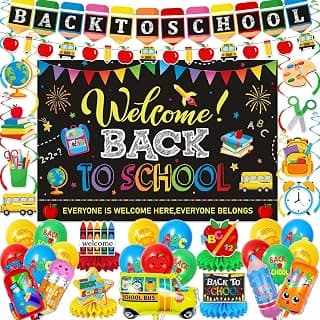 Back to School Decorations, Welcome Back to School Banner Set for Classroom | 35Pcs Back to School Backdrop Hanging Swirls Honeycombs Centerpieces School Bus Pencil Balloons for Classroom Party Decor