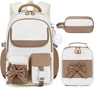 Backpack for Girls, 3PCS Girls Backpack with Lunch Box & Pencil Case, Waterproof Lightweight Bookbag for Girl Elementary Middle School, Bow Travel Daypack Brown