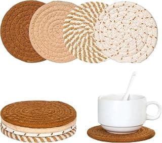 Desk Coasters Set of 4, Cute Coaster for Desk, Round Handmade Woven Coaster for Boho Home Decor, CupCoasters for Office Kitchen Dining Room Bar Farmhouse, Coasters Set for Drinks, Beer, Coffee