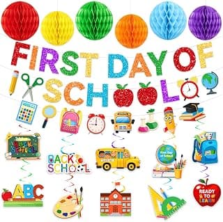 28PCS First Day Of School Decorations, Back To School Decorations with Glitter First Day Of School Banner Honeycomb Balls For Kids Students Home Classroom Office Welcome School Decorations