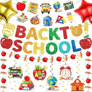 Pre-Strung Welcome Back to School Banner Decorations, Glitter Colorful First Day of School Decorations with Apple Pencil Banner School Hanging Swirls for Classroom School Party Decorations Supplies