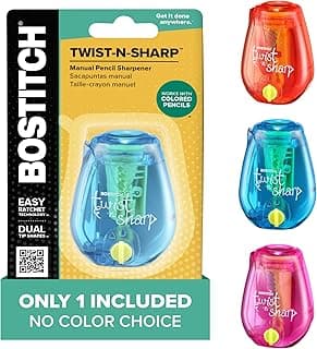 Bostitch Office Pencil Sharpener, Manual, One Assorted Color, Twist-n-Sharp, Kids, Boys, Girls, Colored Pencils, 1 Pack | 1 Assorted Color, Adjustable for fine point or blunt tip. Easy to use, twist instead of crank. Works on any standard pencil.