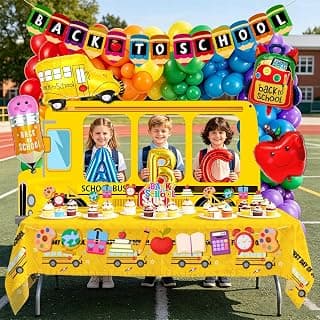 Back To School Decorations School Bus Pencil Balloons Backdrop Tablecloth | All in One Rainbow Balloons Garland Arch Kit with Pencil School Bus ABC Foil Balloons for First Day of School Kindergarten
