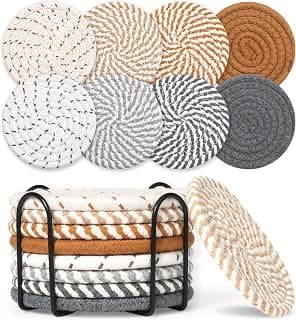 8 Style Drink Coasters with Holder, Absorbent Coasters for Coffee Table, Minimalist Cotton Woven Coaster Set for Home Decor Tabletop Protection Suitable for Kinds of Cups, 4.3 Inches.