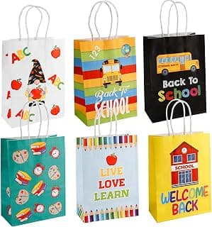 Back to School Gift Bags, 6 PCS Back to School Gift Bags with Handles, Welcome Back Paper Bags School Bus Pencil Treat Goodie Candy Cookie Bags for First Day of School Holiday Party Favor Supplies