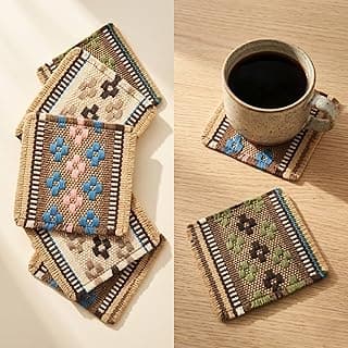 Boho Woven Coasters Set of 6, Absorbent Drink Coasters for Coffee Table, Rustic Farmhouse Table Decor, Southwestern Aesthetic, Handmade Style, Housewarming Gift