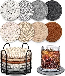 Woven Coasters Set of 8, Absorbent Drink Coasters with Holder, Boho Cotton Coffee Cup Coaster for Table, Desk, Coffee Bar, Housewarming Gift (8 Colors,4.17 Inch)