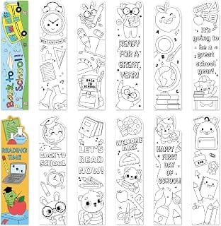 72Pcs Back to School Color Your Own Bookmarks for Kids - DIY Coloring Blank Bookmark Including Schoolbag Alarm Clock Books Ruler Painting Paper Class Party Supplies Goodie Bag Fillers