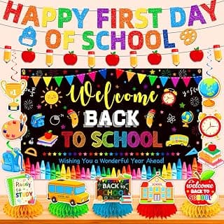 Back to School Decorations Set, Colorful Welcome Back to School Decorations | NO-DIY Happy First Day of School Banner Garland, Back to School Backdrop Centerpieces Hanging Swirls for Classroom Office