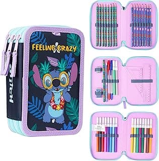 Disney Stitch Filled Pencil Case with Colored Pencils, Markers, Gifts for Girls Kids, Stationery School Art Supplies Pouch Holder Organizer (Multi Stitch Triple Zip)